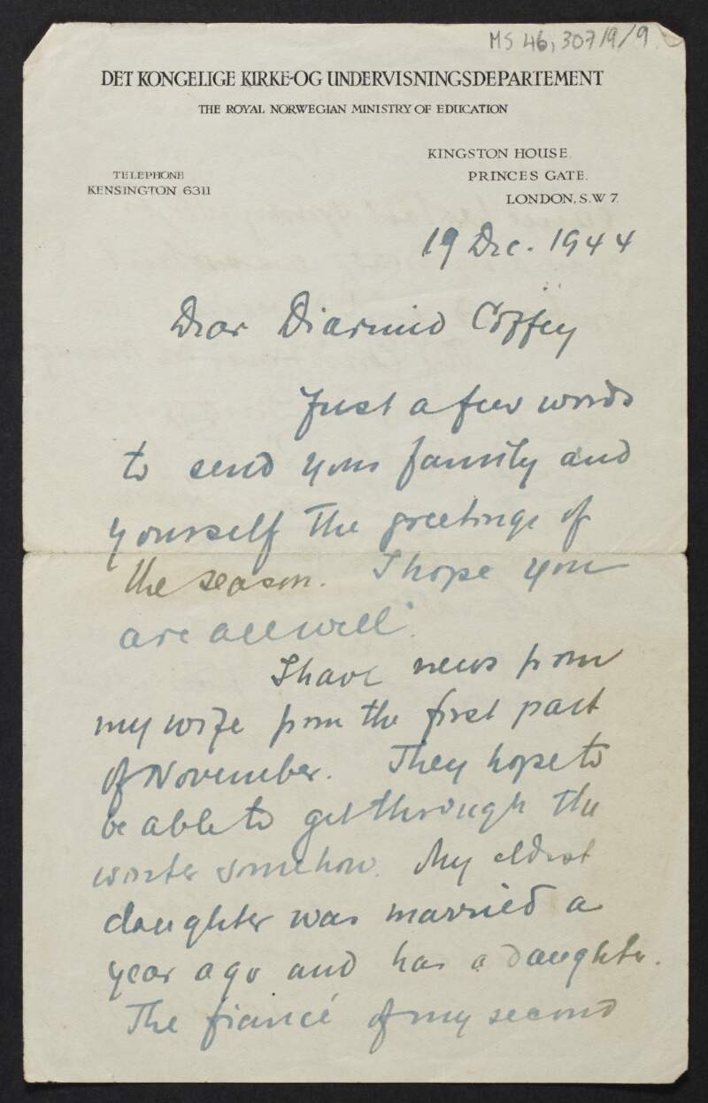 Letter from Alf Sommerfelt, England, to Diarmid Coffey regarding Alf's daughter's marriage,