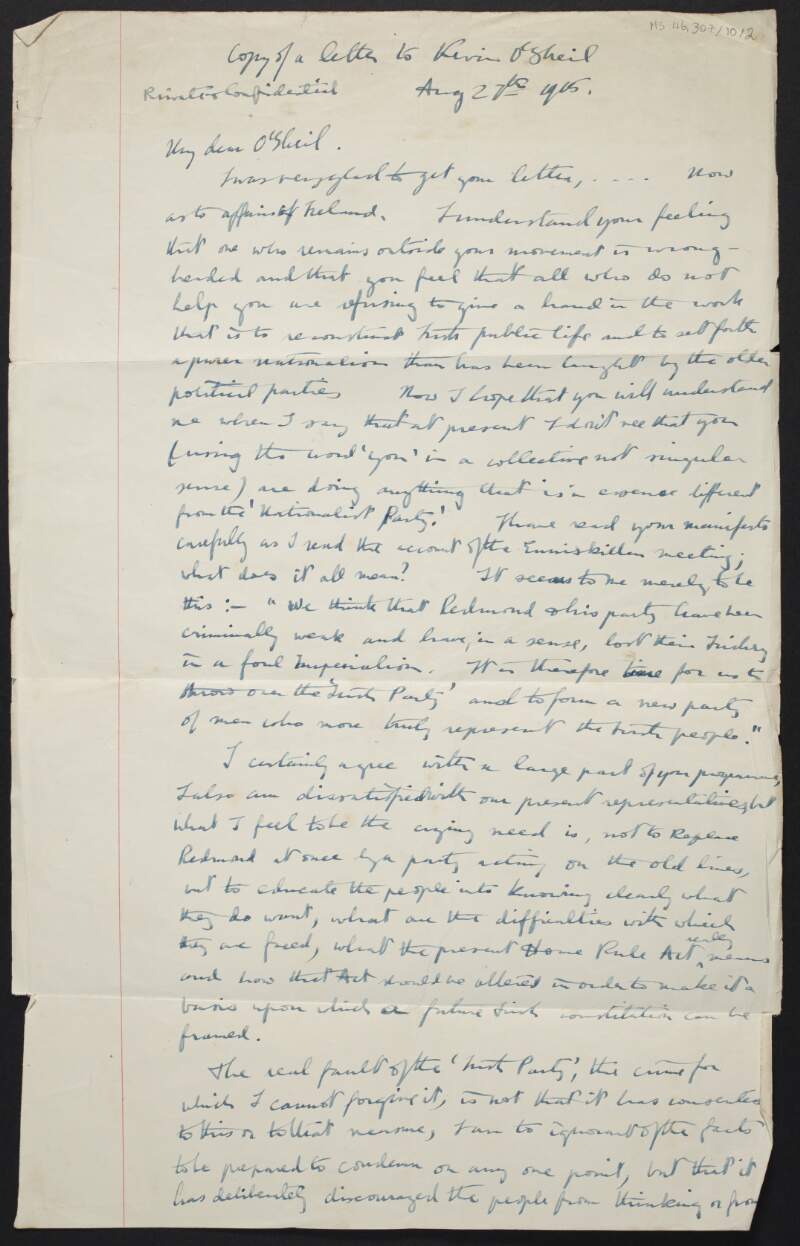 Copy of a letter from Diarmid Coffey, to Kevin R. O' Shiel regarding Home Rule,