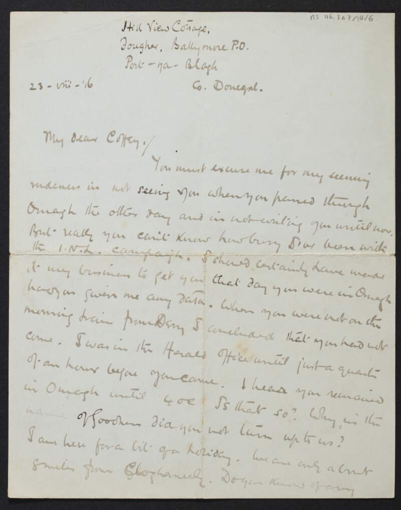 Letter from Kevin R. O'Shiel, Donegal, to Diarmid Coffey regarding the Irish National League,