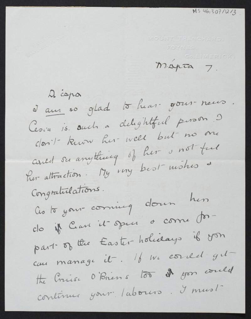 Letter from Mary Spring Rice, Limerick, to Diarmid Coffey congratulating him on his engagement,