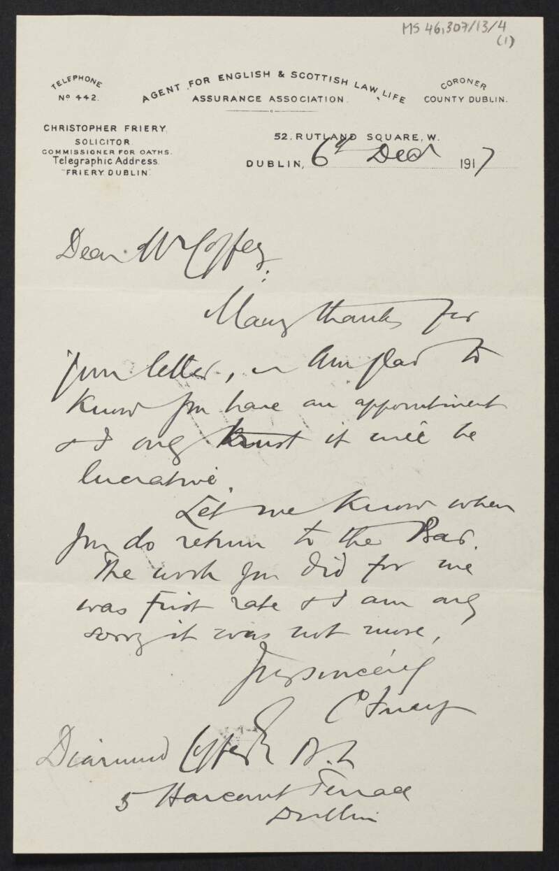 Letter from Christopher Friery, Dublin, to Diarmid Coffey regarding his return to the Bar,