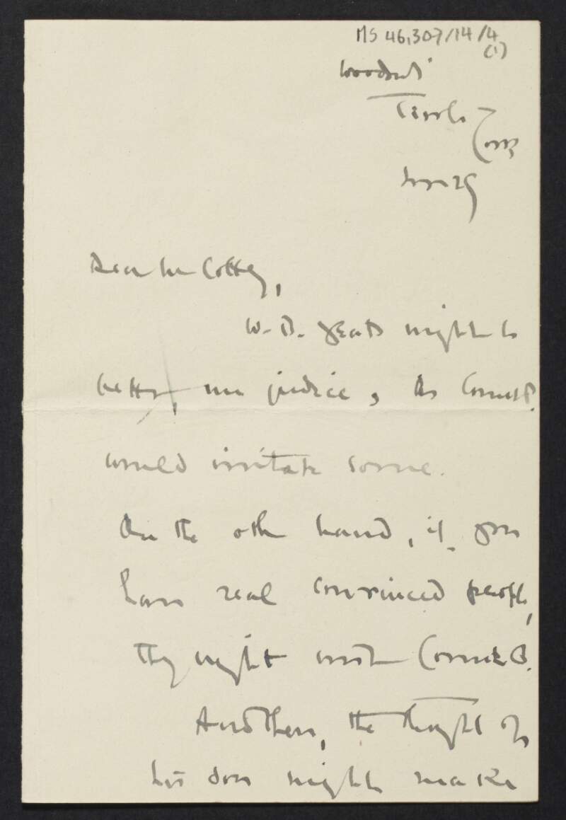 Letter from William F. P. Stockley, England, to Diarmid Coffey regarding votes for women and Sinn Féin,