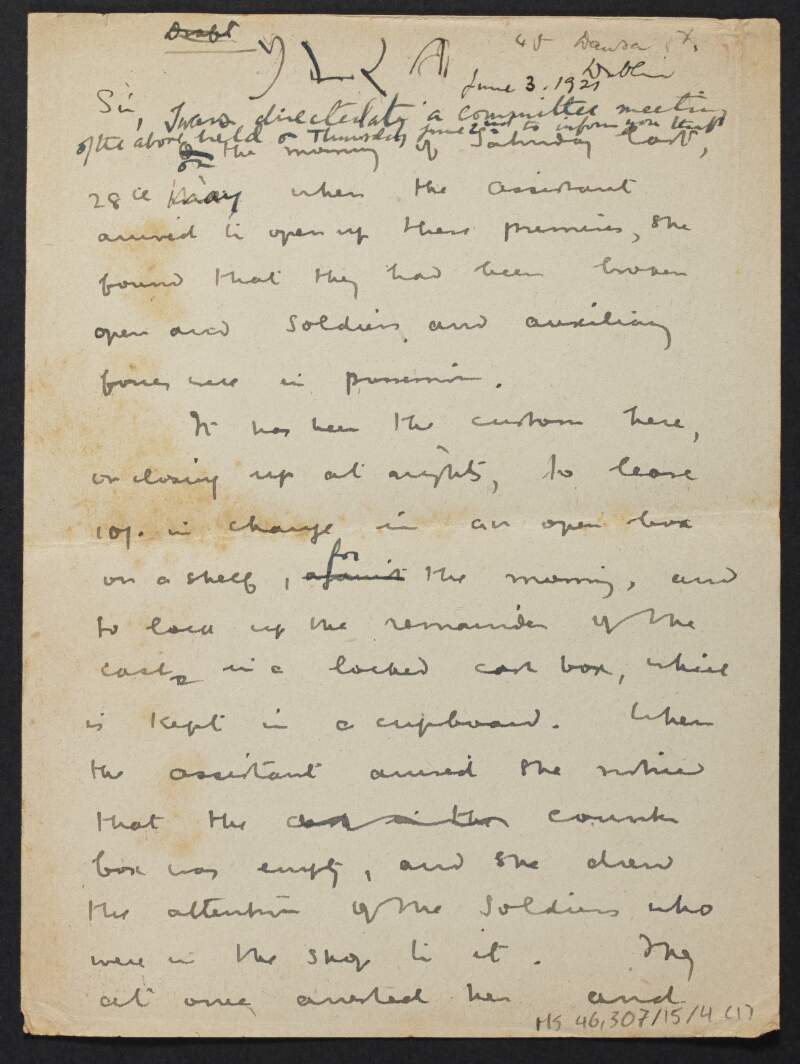 Draft letter from Diarmid Coffey, to unidentified recipient regarding the raid on the Irish Bookshop and theft of material,