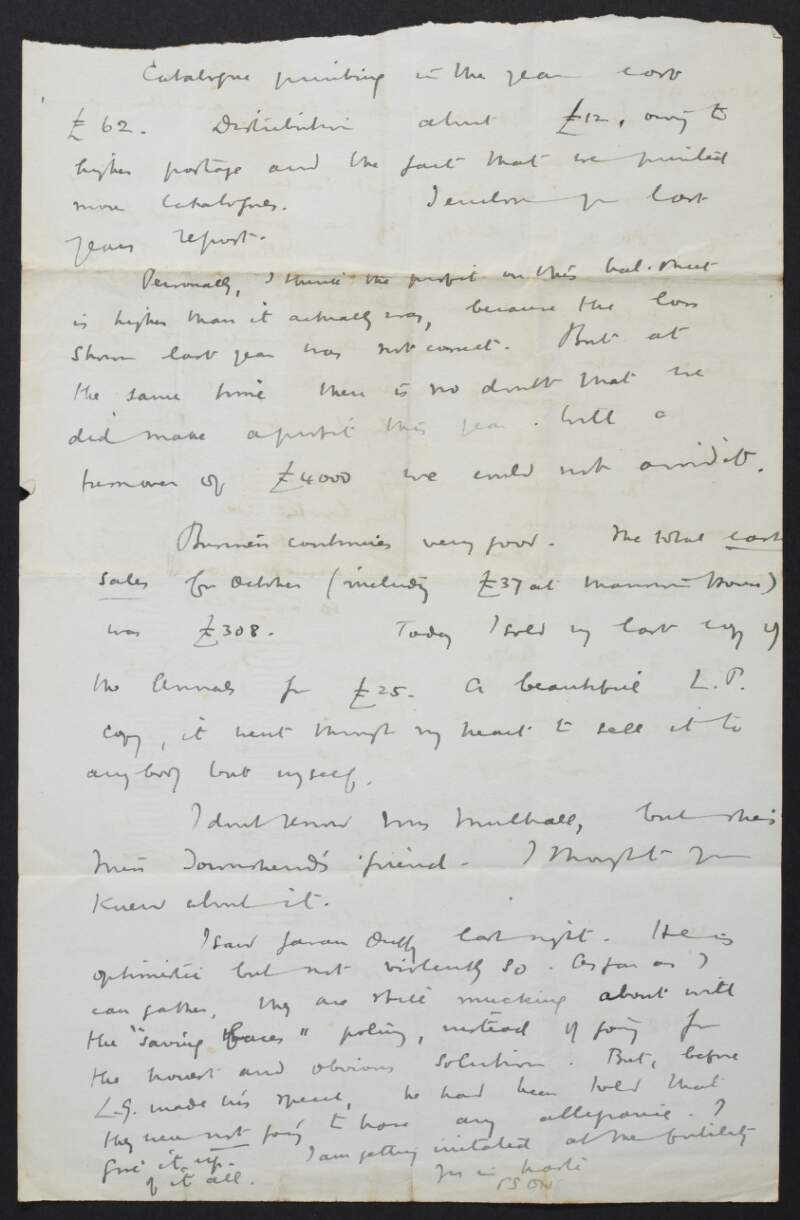 Letter from P. S. O'Hegarty, to Diarmid Coffey regarding finances of the Irish Bookshop,