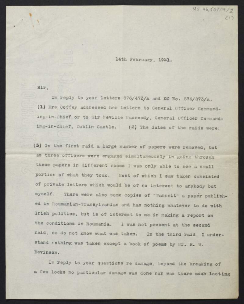 Letter from Diarmid Coffey, to the Competent Military Authority regarding raids on his mother's house,