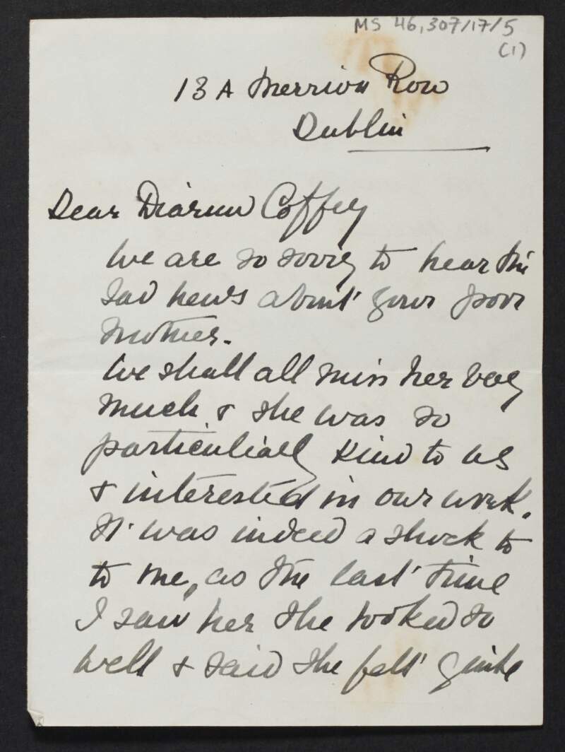 Letter from Grace Henry, Dublin, to Diarmid Coffey regarding the death of his mother,