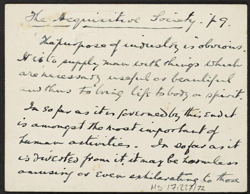 Manuscript extract from the Acquisition Society, transcribed by Thomas Johnson,