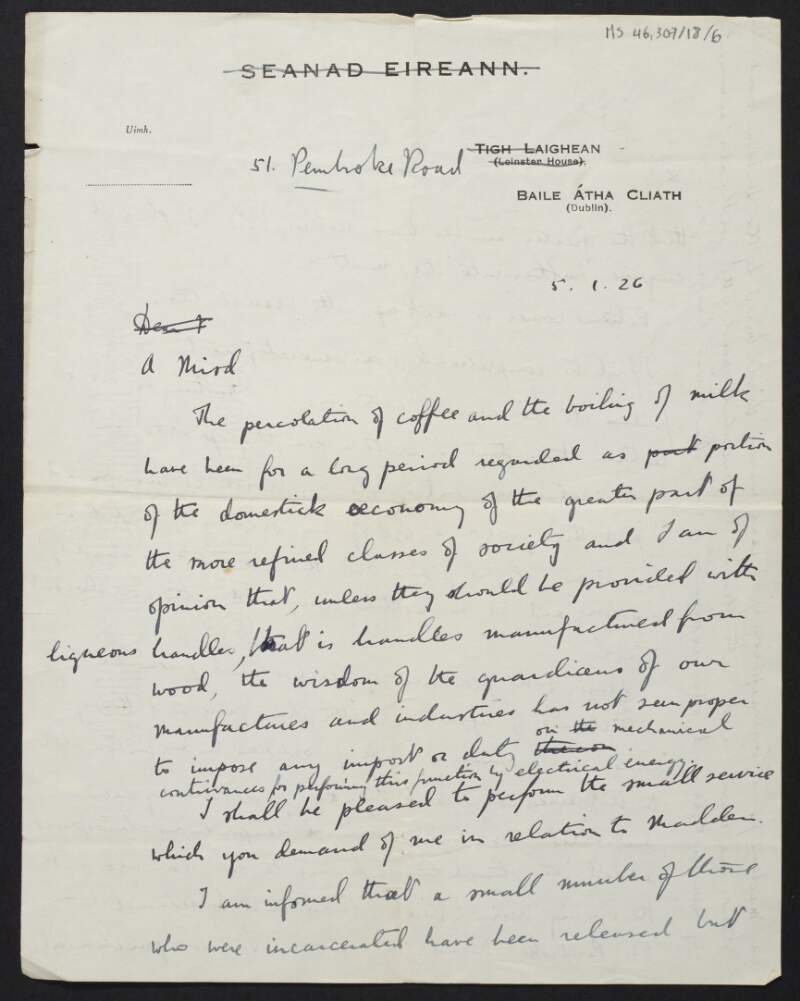 Letter from Diarmid Coffey, Dublin, to unidentified recipient regarding the incarceration of Republicans,