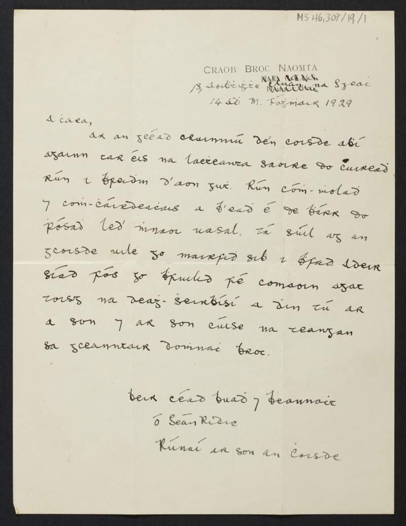 Letter from Secretary of the Donnybrook Gaelic League branch, to Diarmid Coffey regarding his marriage to Sheela Wilbraham Fitzjohn Trench,