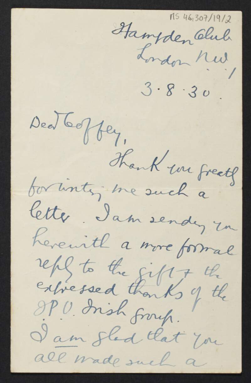 Letter from D. L. Kelleher, London, to Diarmid Coffey regarding the I. P. U. [Irish Patriotic Union],