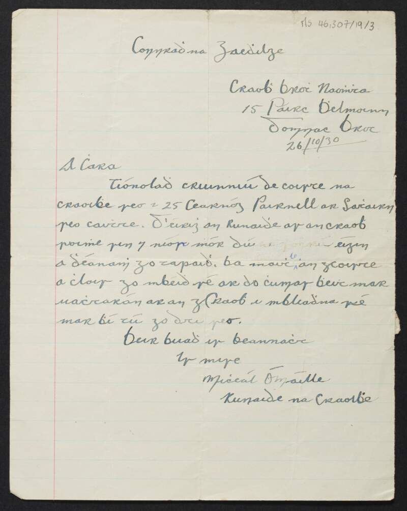 Letter from unidentified person, Donnybrook, to Diarmid Coffey inviting Diarmid to be President of the St. Broc's Branch of the Gaelic League,