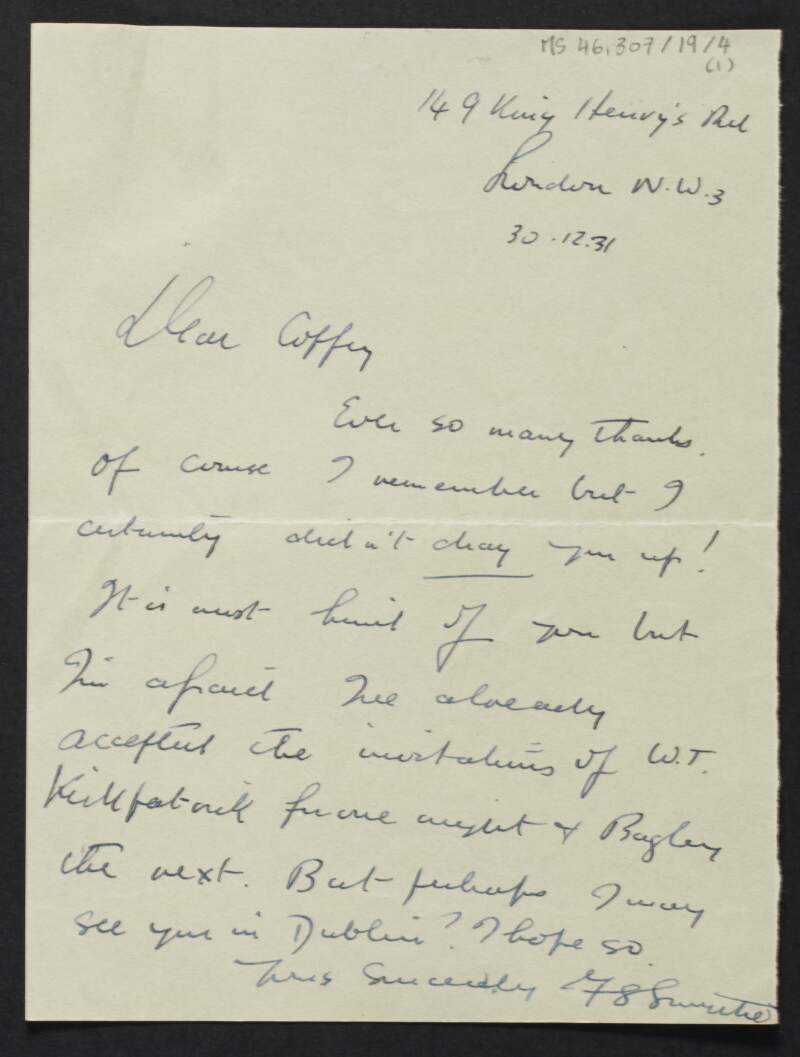 Letter from F. S. Smythe, London, to Diarmid Coffey arranging to meet him in Dublin,