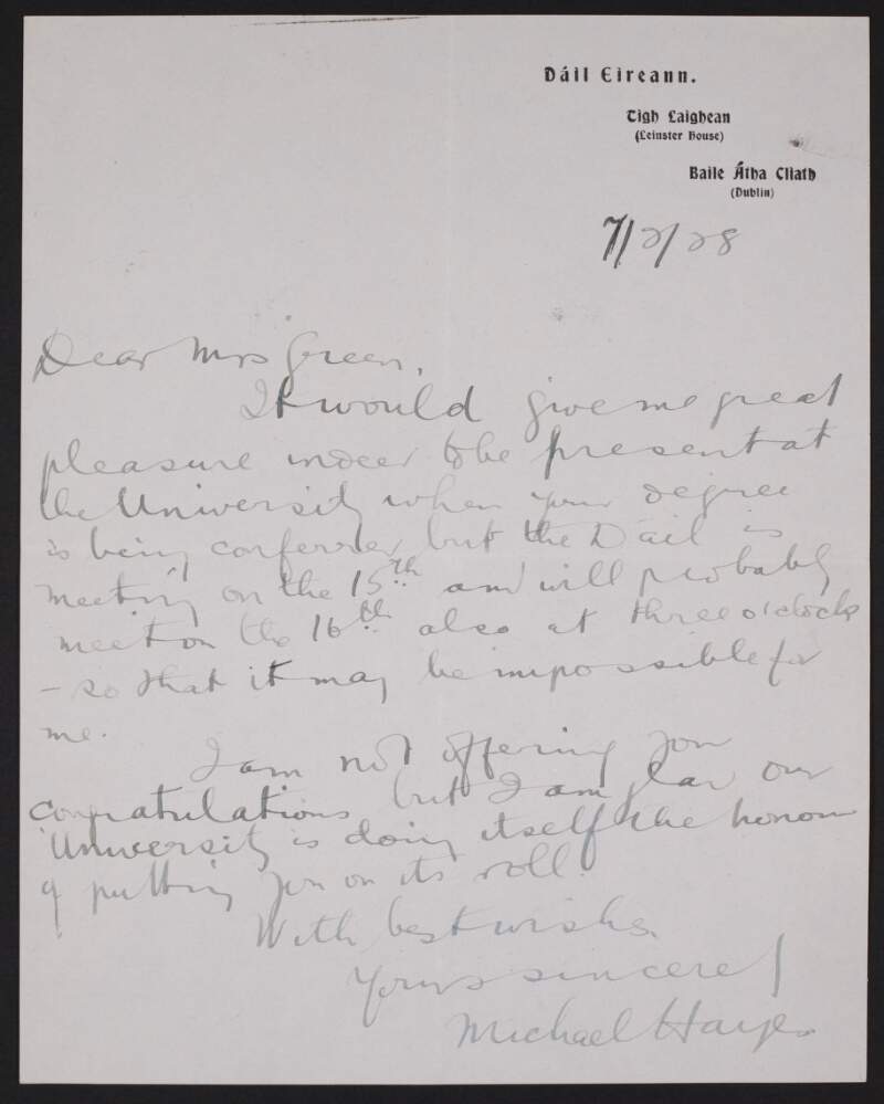 Letter from Michael Hayes to Alice Stopford Green concerning the honorary degree she received from the National University of Ireland,