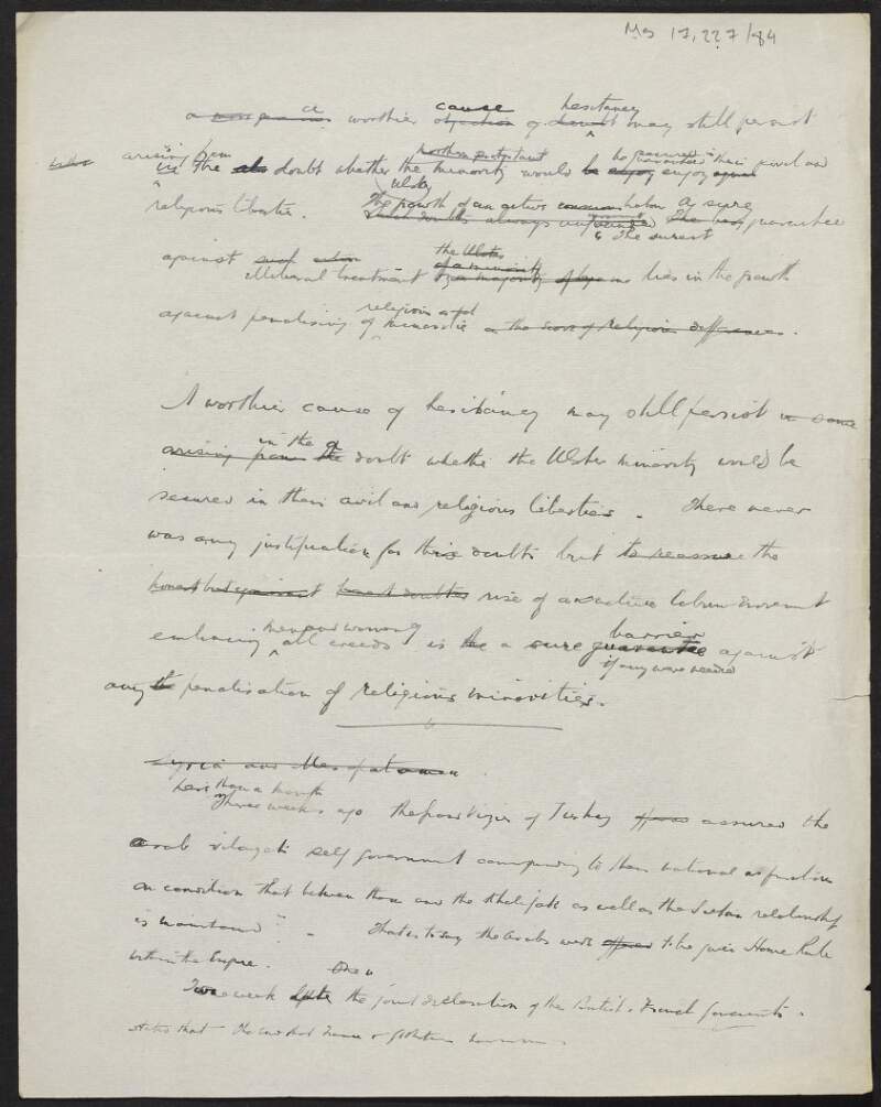 Manuscript notes by Thomas Johnson regarding securing the civil and religious liberties of the Ulster minority,