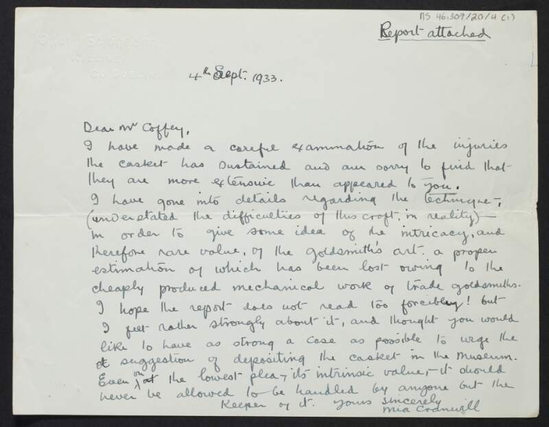 Letter from Mia Cranwill, Dublin, to Diarmid Coffey regarding the damages to the Seanad Casket,