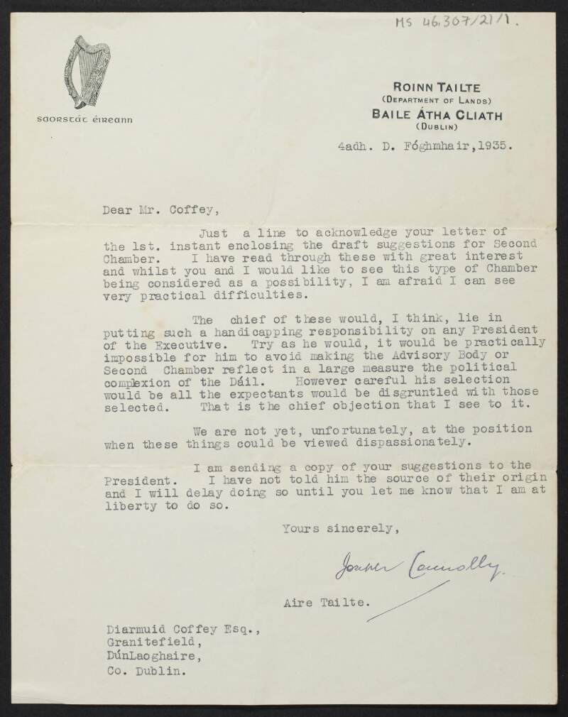 Letter from Joseph Connolly, Dublin, to Diarmid Coffey regarding the Seanad,