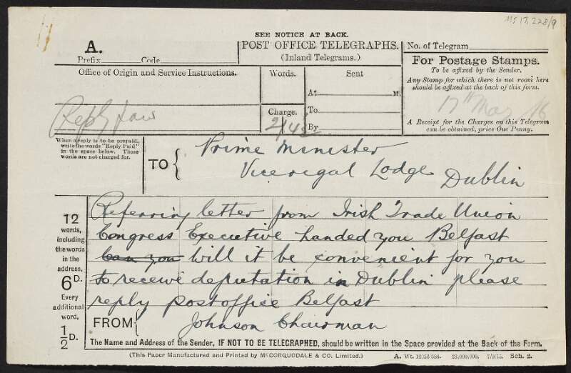 Telegram from Thomas Johnson to Herbert Asquith, Viceregal Lodge, Dublin, asking he receive deputation in Dublin,