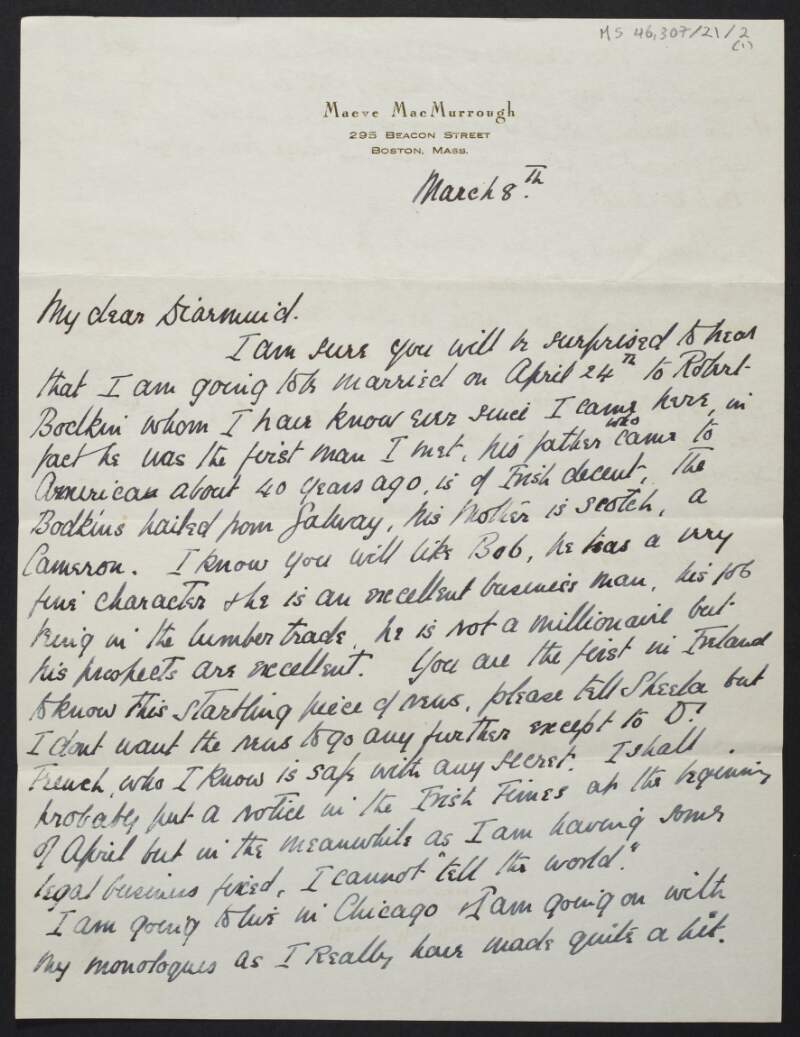Letter from Maeve MacMurrough, Boston, to Diarmid Coffey regarding her wedding to [Robert Bodkin],