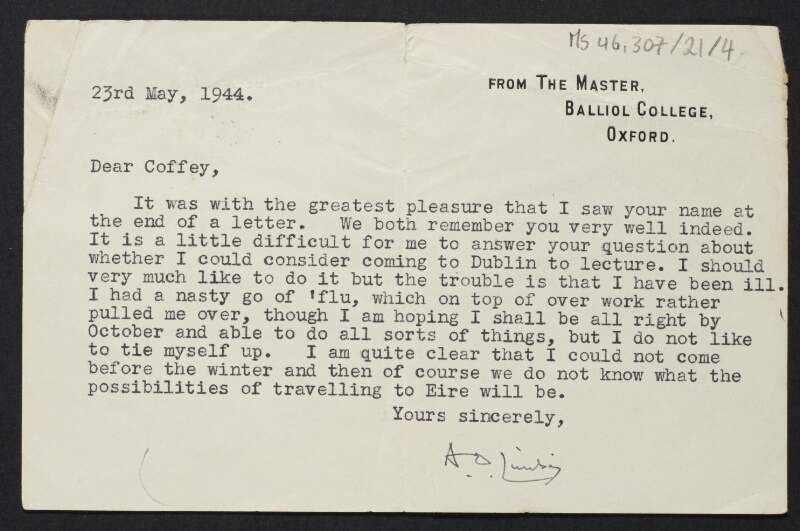 Letter from A. D. Lindsay, Balliol College, to Diarmid Coffey regarding a possible lecture in Dublin,
