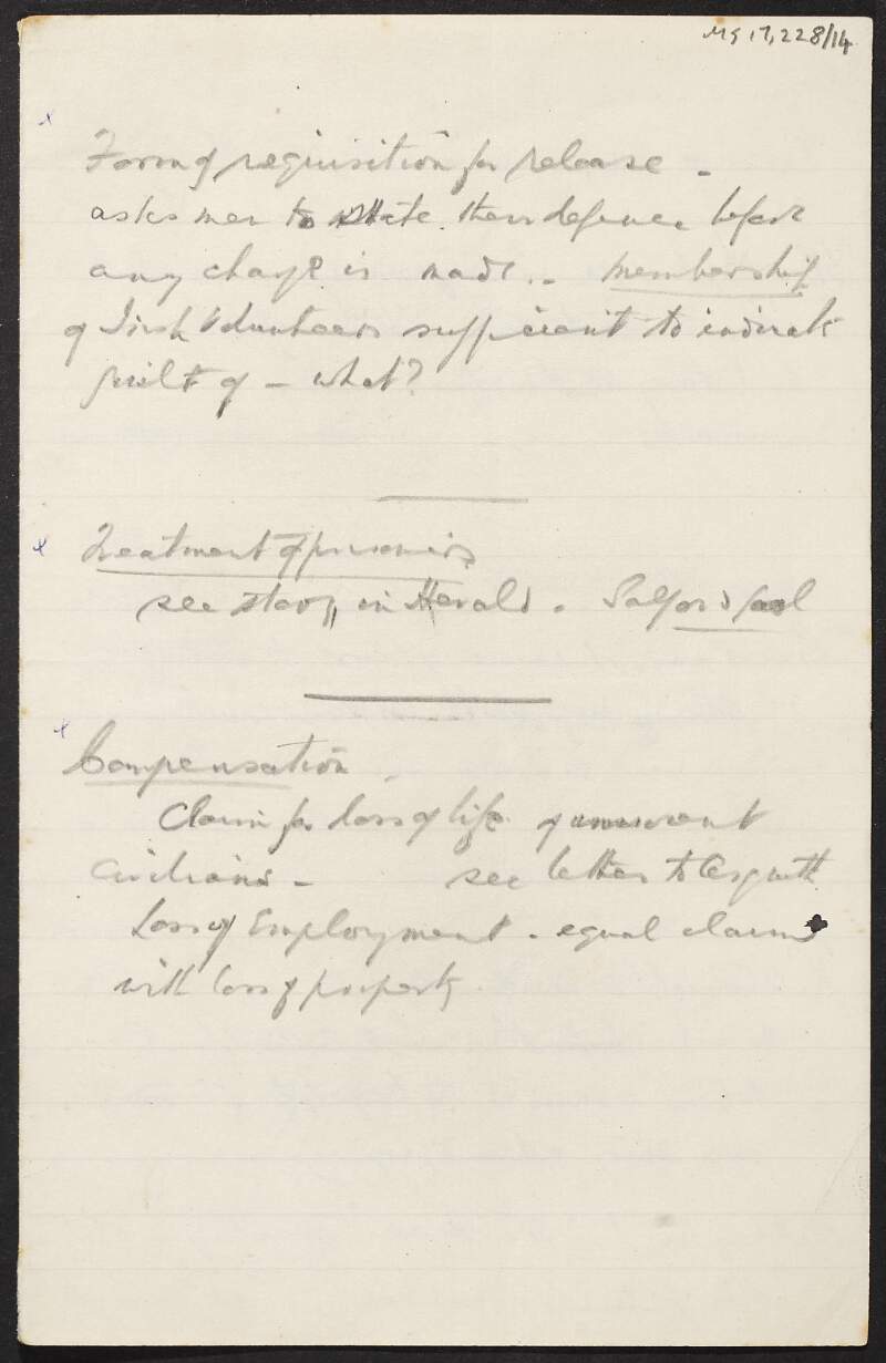 Notes by Thomas Johnson regarding prisoners, compensation, war debt, and the release of Trades Union leaders,