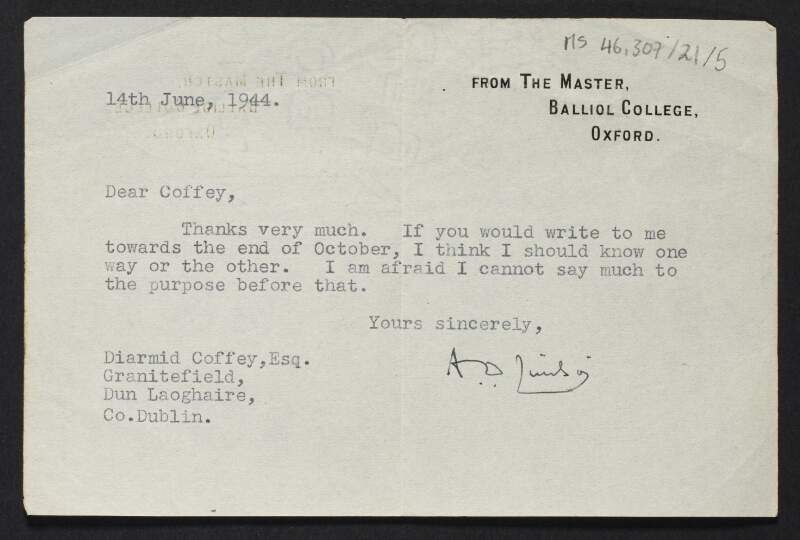 Letter from A. D. Lindsay, Balliol College, to Diarmid Coffey regarding making plans for October,