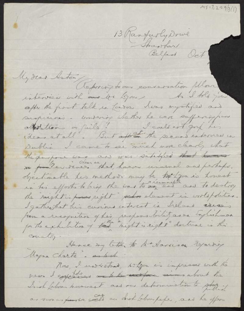 Draft letter from Thomas Johnson to Ernest Aston regarding an interview with Dr Lyon,