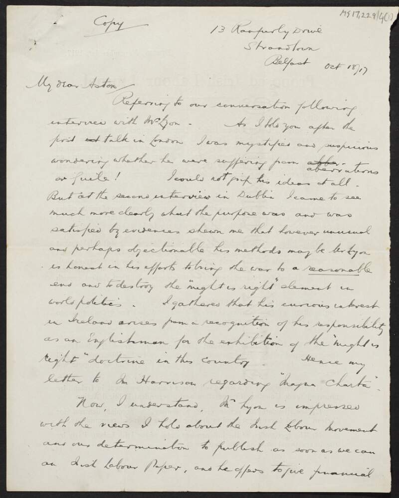 Copy letter from Thomas Johnson to Ernest Aston regarding an interview with Dr Lyon, with copy response from Aston to Johnson