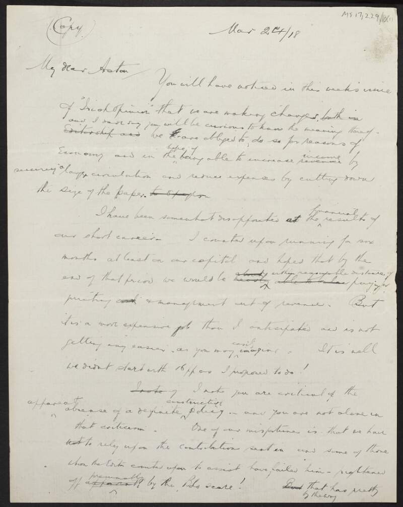 Copy letter from Thomas Johnson to Ernest Aston regarding the newspaper 'Irish Opinion',