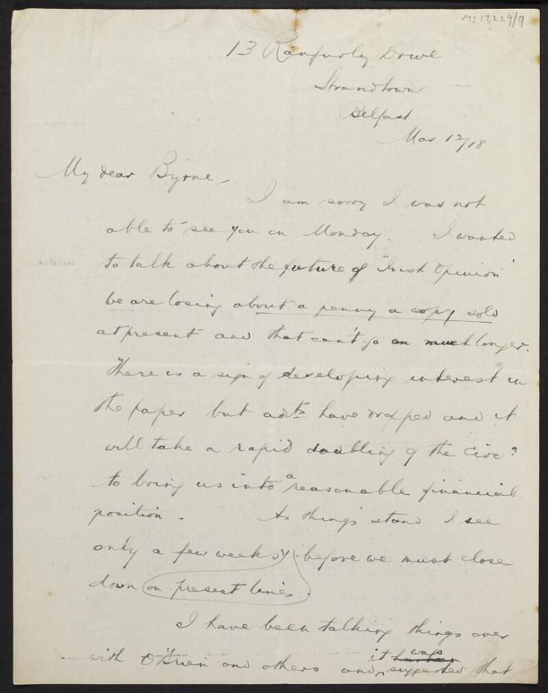 Copy letter from Thomas Johnson to Laurence Byrne regarding the future of 'Irish Opinion',