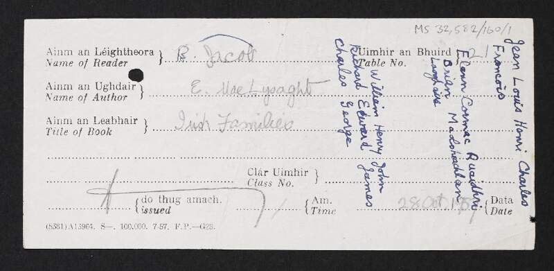 Order slip from the National Library of Ireland for 'Irish Families', by Edward MacLysaght,