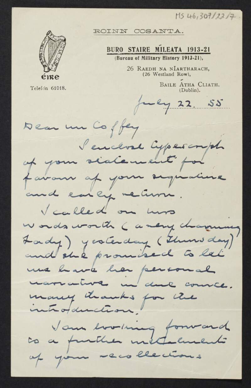 Letter from Bureau of Military History, Dublin, to Diarmid Coffey regarding Diarmid's statement,