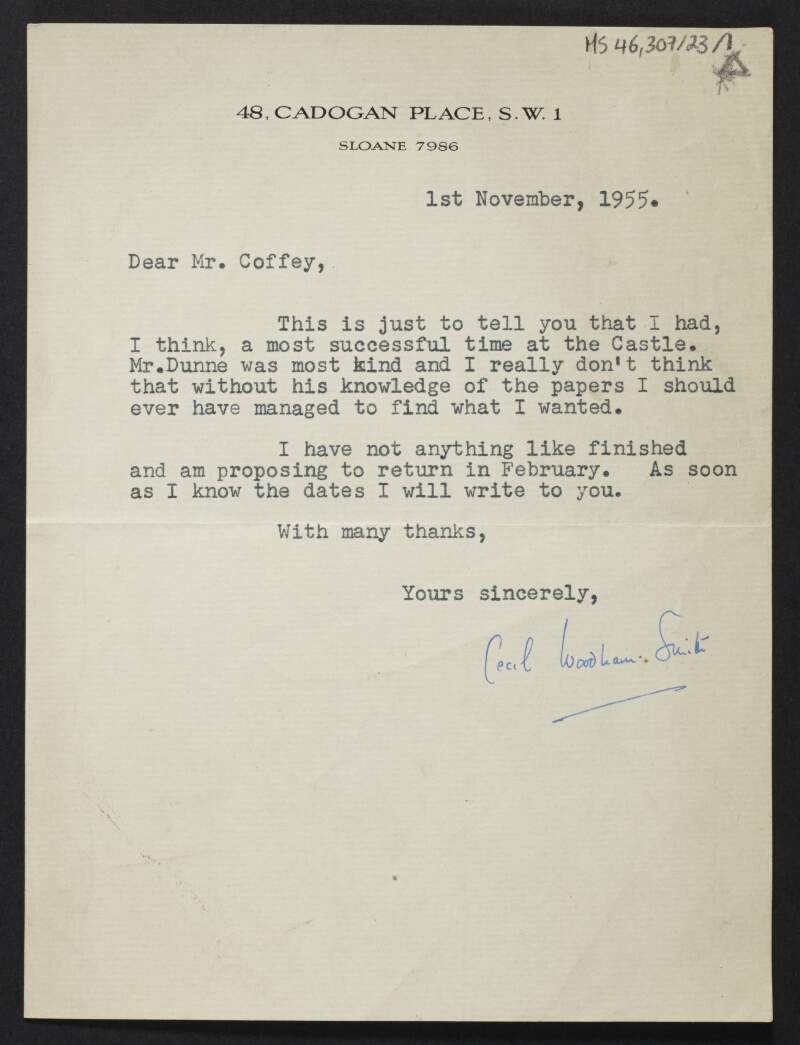 Letter from Cecil Woodham Smith, London, to Diarmid Coffey regarding papers at Dublin Castle,