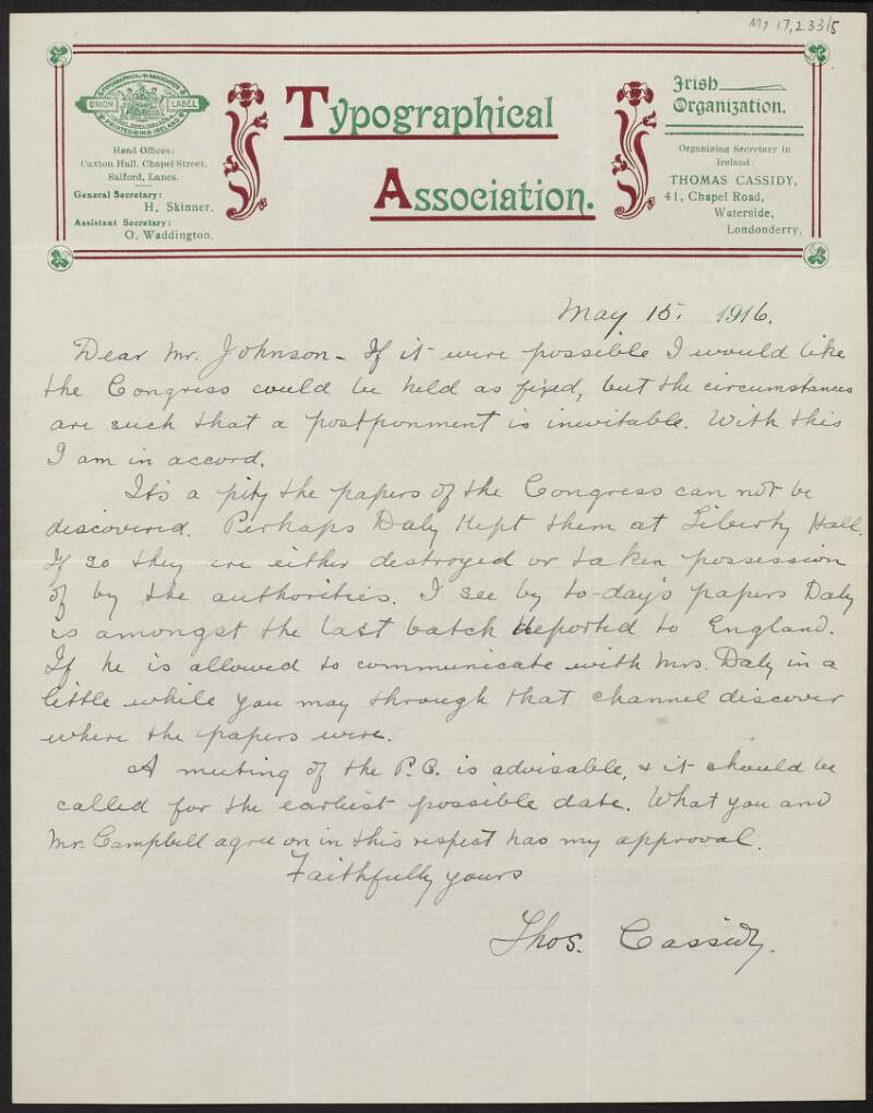 Letter from Thomas Cassidy, Typographical Association, to Thomas Johnson regarding missing papers of the Congress,