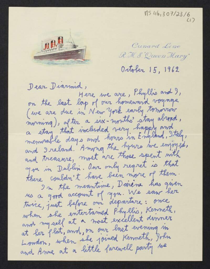 Letter from John Wheelock, R. M. S. Queen Mary, to Diarmid Coffey regarding his holiday,