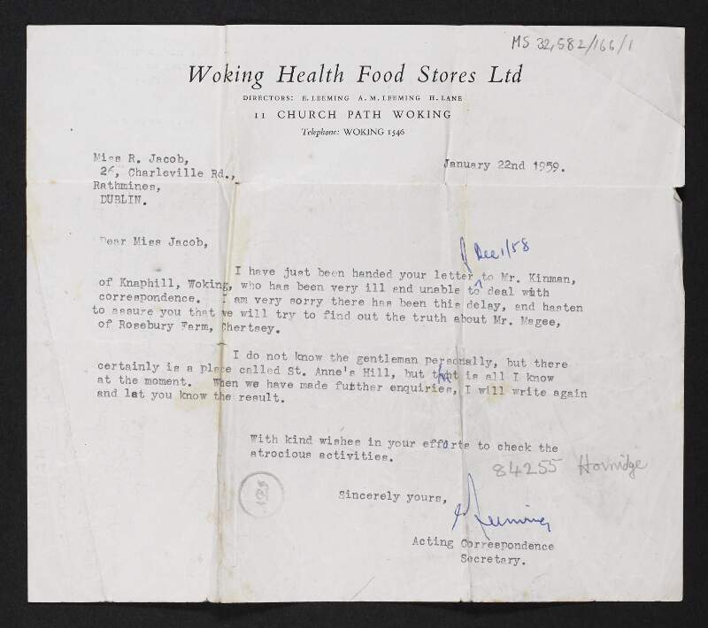 Letter from Woking Health Food Stores, Limited, to Rosamond Jacob regarding an inquiry from the former regarding the whereabouts of a friend,