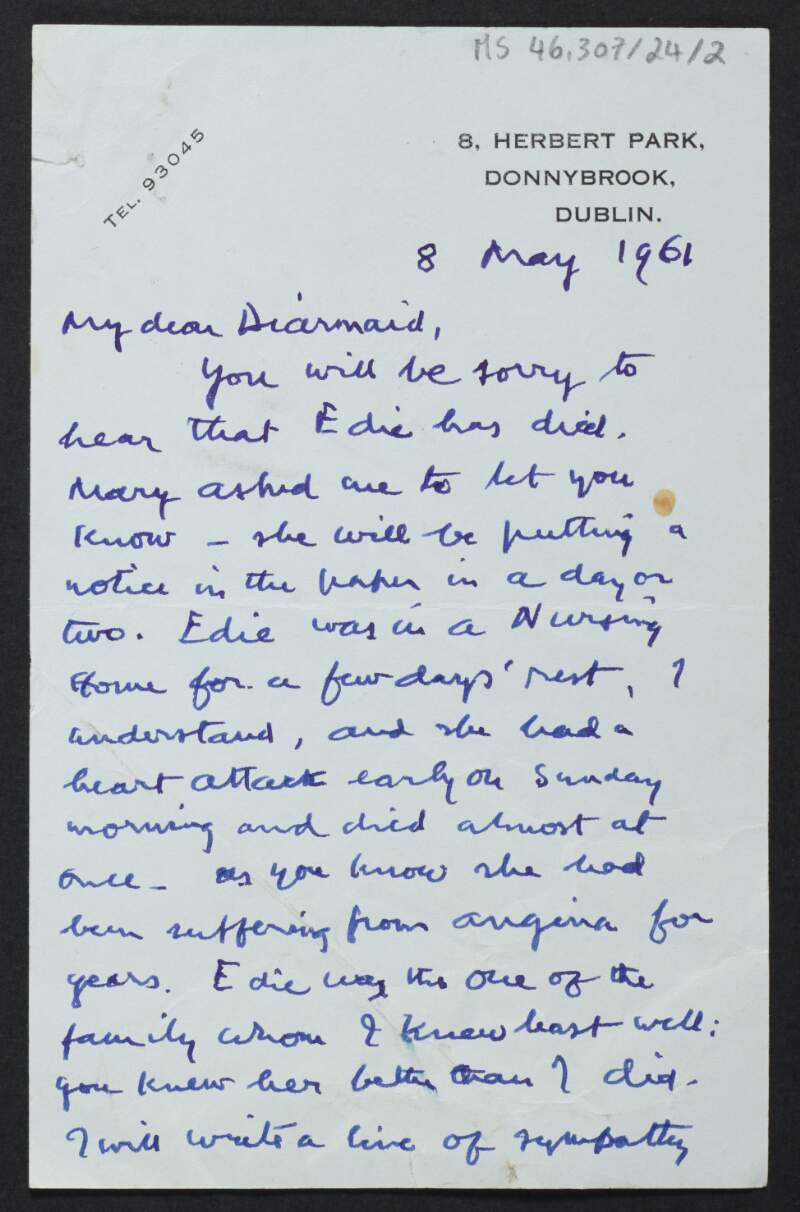 Letter from Liam Price, Dublin, to Diarmid Coffey regarding the death of "Edie",