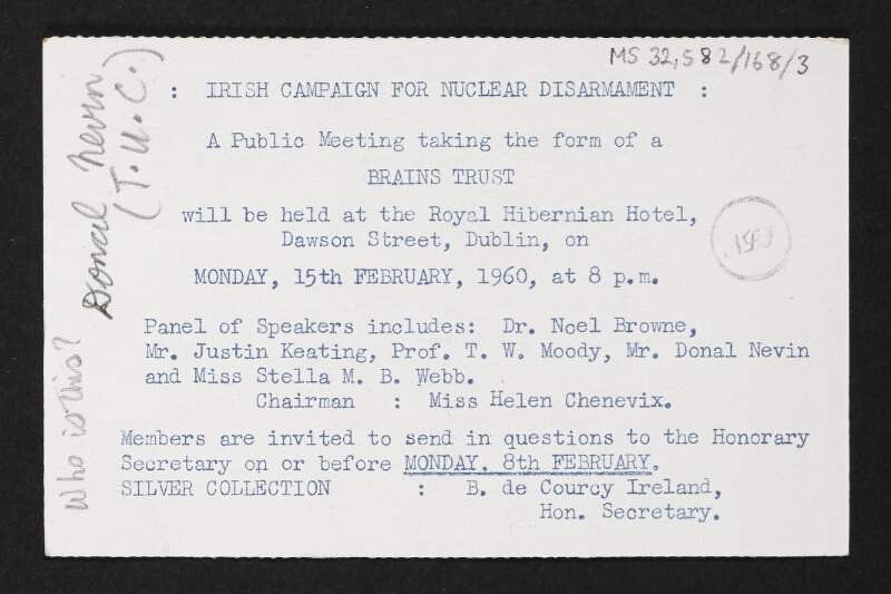 Postcard from the Irish Campaign for Nuclear Disarmament to Rosamond Jacob inviting her to a public meeting,