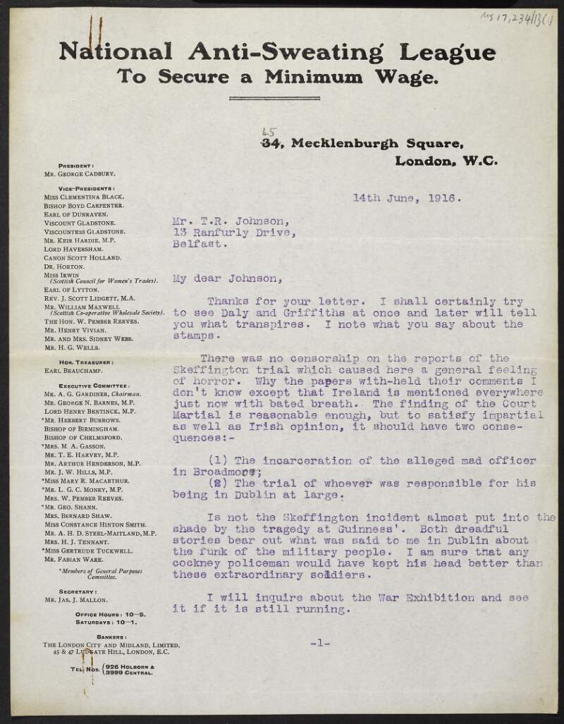 Letter from J. J. Mallon, National Anti-Sweating League to Secure a Minimum Wage, to Thomas Johnson regarding reports of the Skeffington trial,