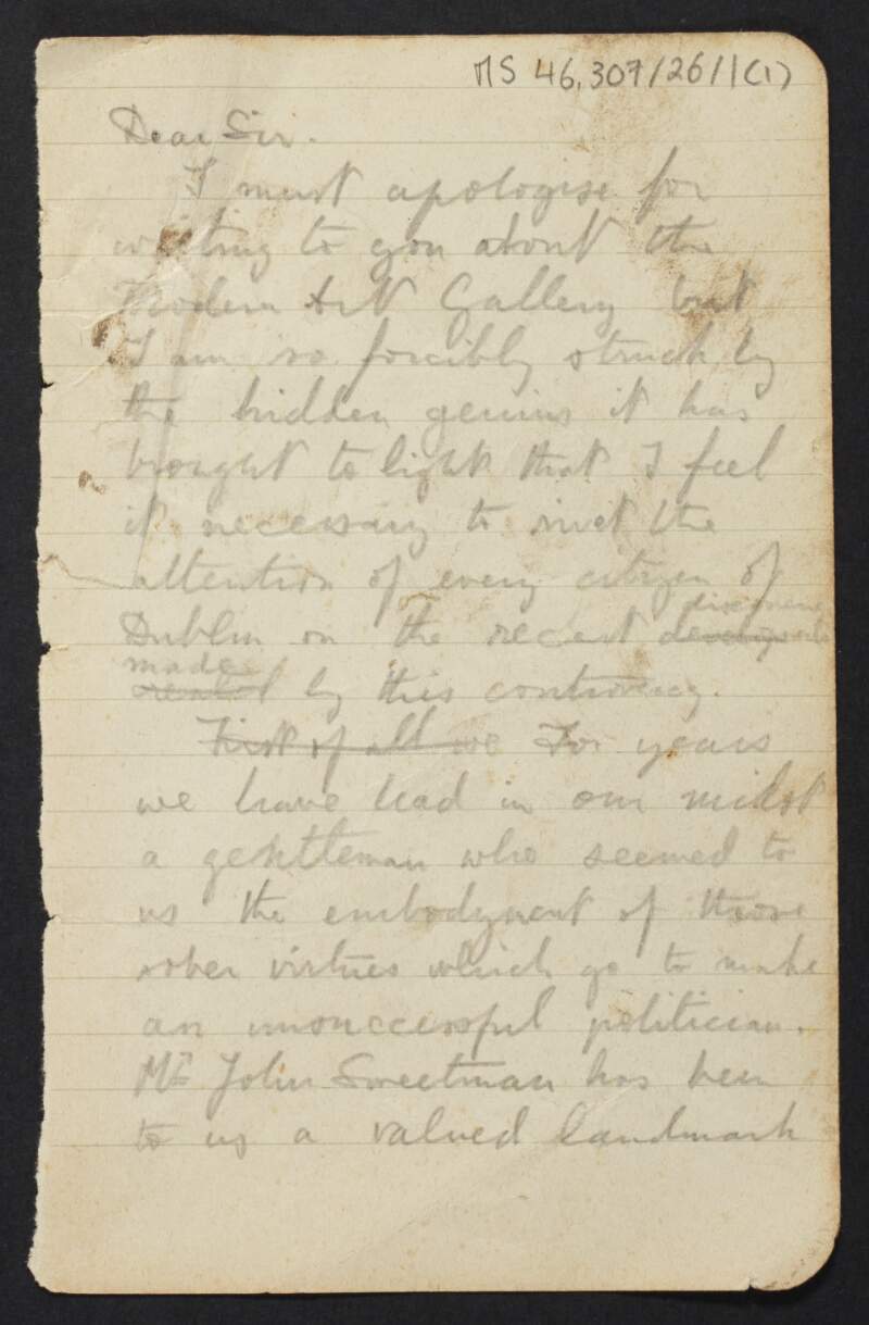 Partial letter from Diarmid Coffey, to an unidentified recipient regarding a [Mr Sweetman],