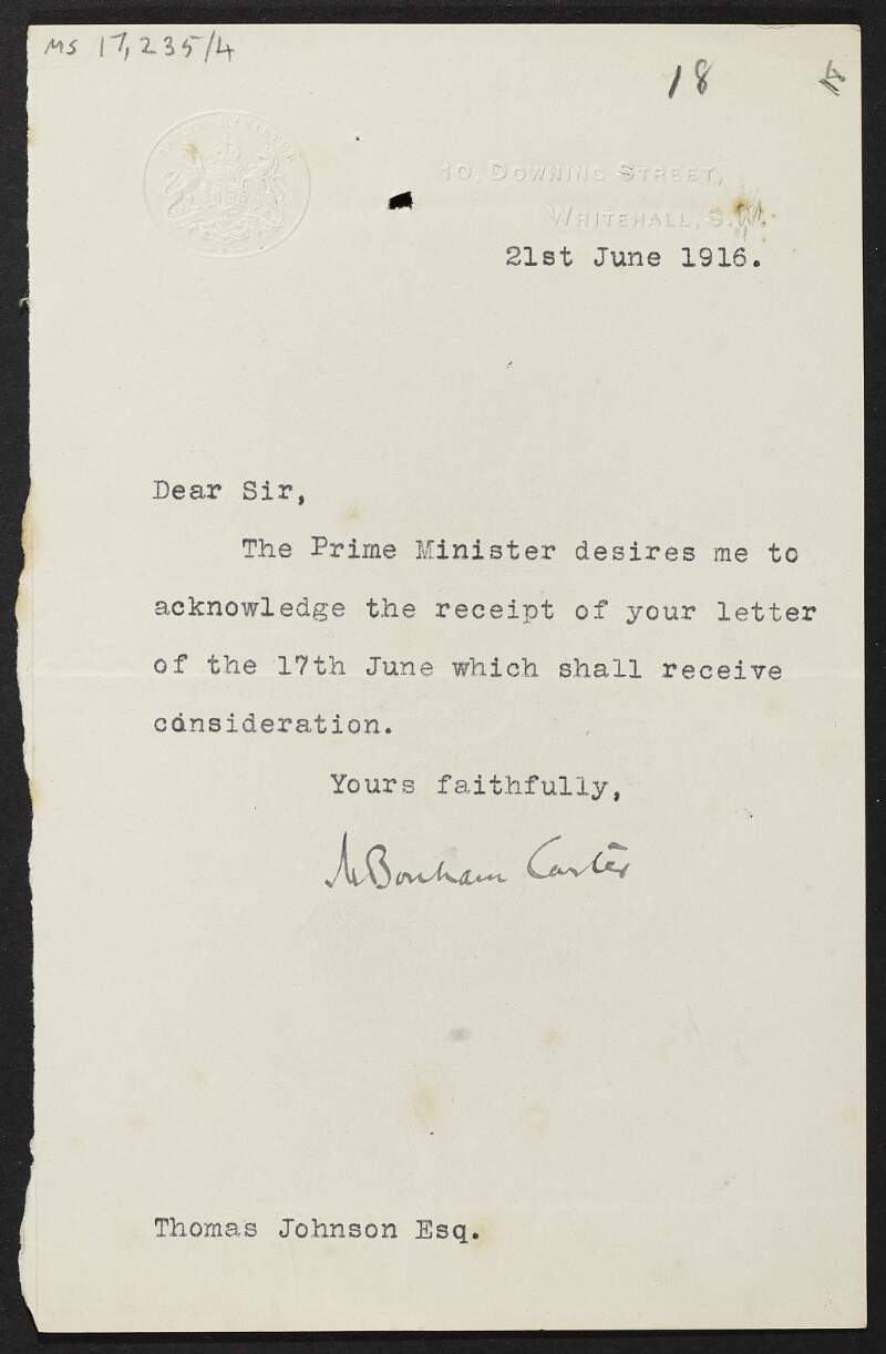 Letter from Maurice Bonham Carter, 10 Downing Street, to Thomas Johnson acknowledging receipt of his letter to the Prime Minister,