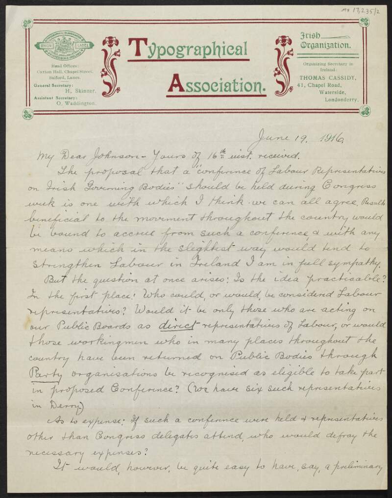 Letter from Thomas Cassidy, Typographical Association, to Thomas Johnson supporting a proposed conference of Labour representatives,