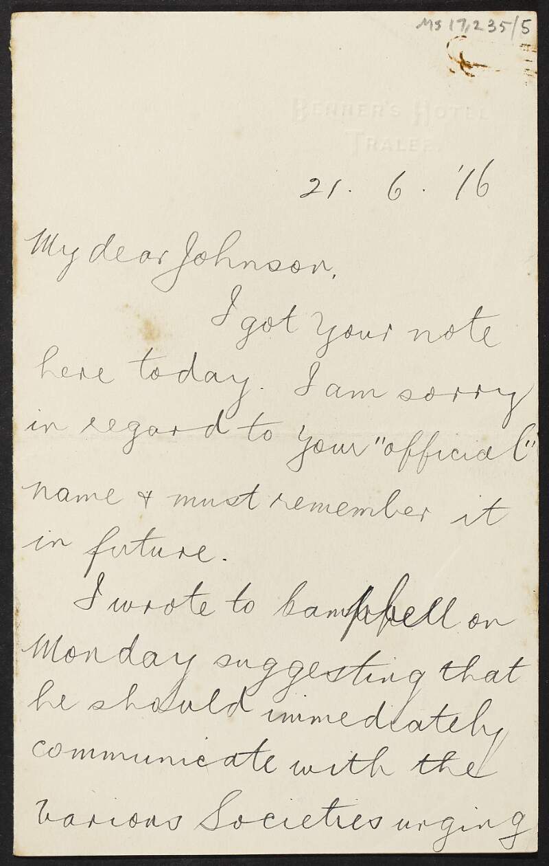 Letter from M. J. O'Lehane to Thomas Johnson regarding a conference for Labour representatives,