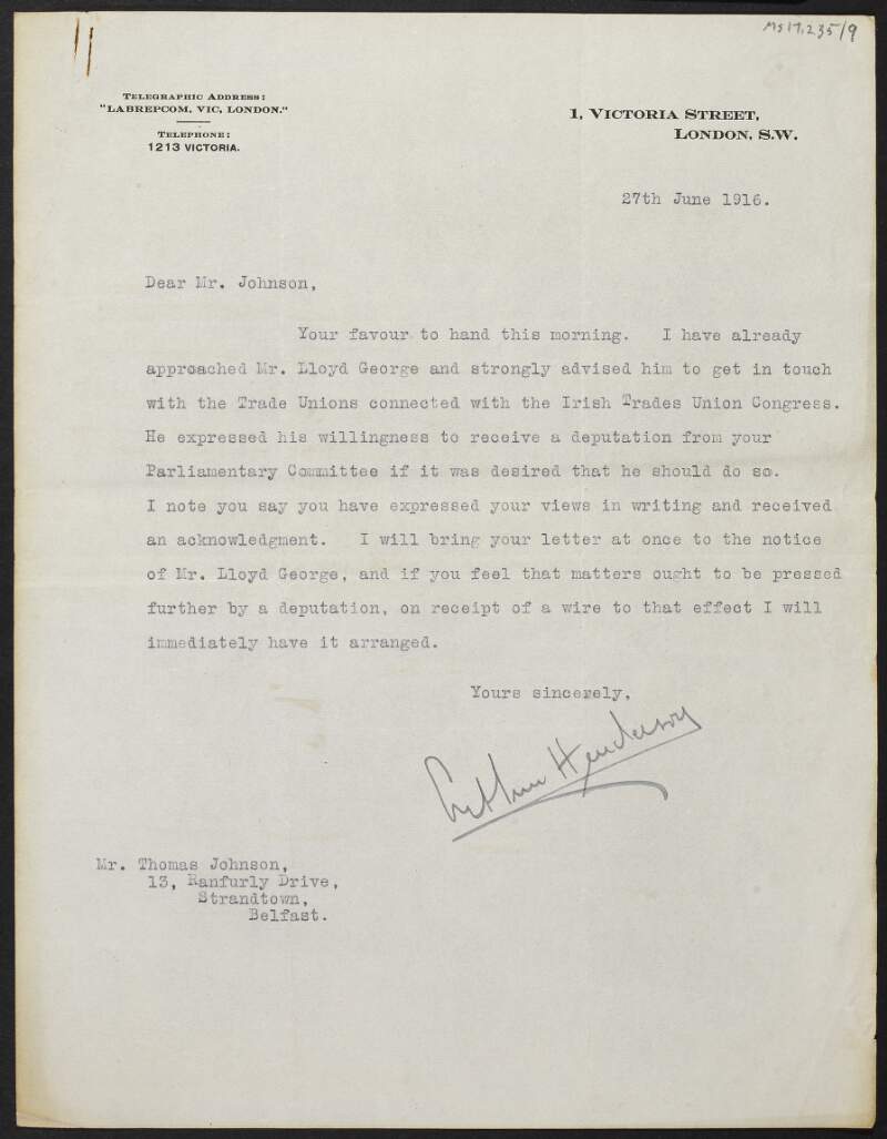 Letter from Arthur Henderson to Thomas Johnson confirming Lloyd George's willingness to receive a deputation from the Parliamentary Committee,