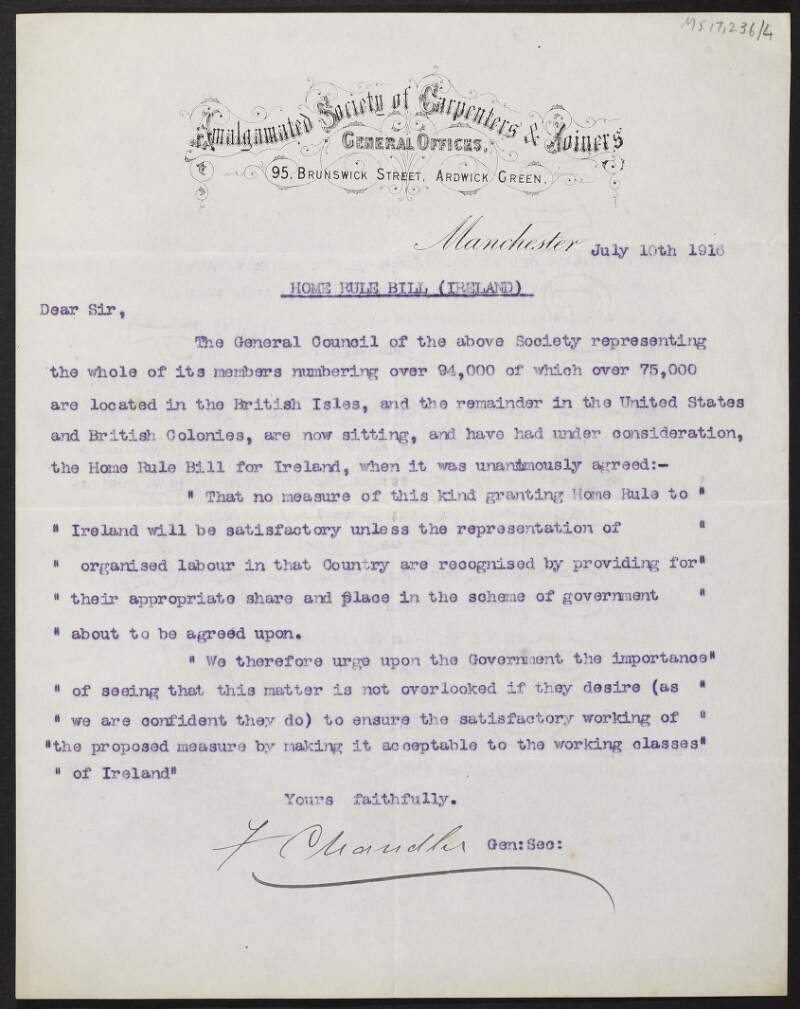 Letter from Francis Chandler, Amalgamated Society of Carpenters and Joiners, to Thomas Johnson regarding the Home Rule Bill,