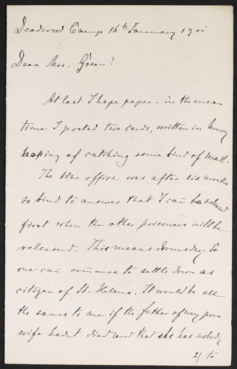 Letter from unidentified person to Alice Stopford Green regarding prisoners and thanking her for sending tool boxes,
