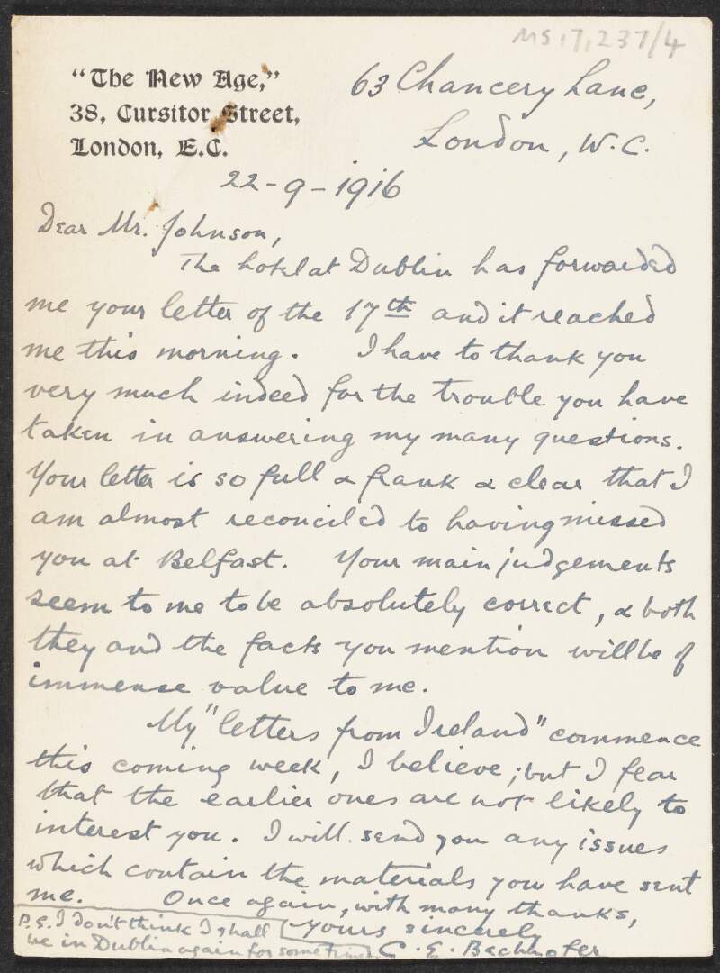 Letter from C. E. Bechhofer, London, to Thomas Johnson thanking him for answering his questions,