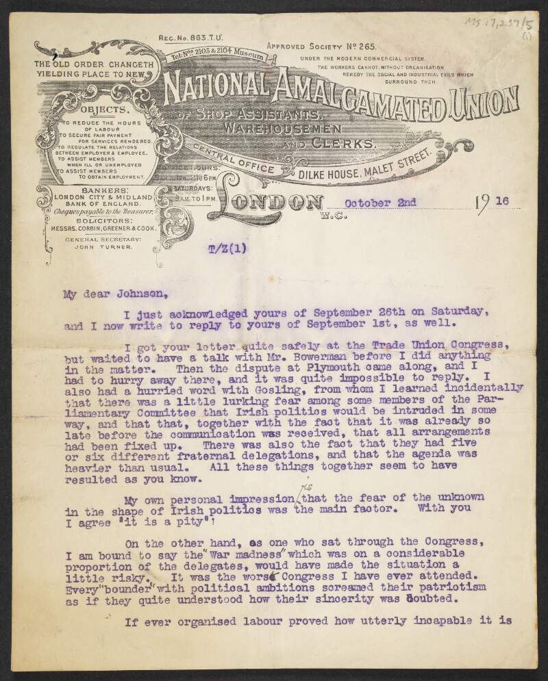 Letter from unidentified person, National Amalgamated Union of Shop Assistants, Warehousemen and Clerks, to Thomas Johnson regarding Irish politics and the Trade Union Congress,