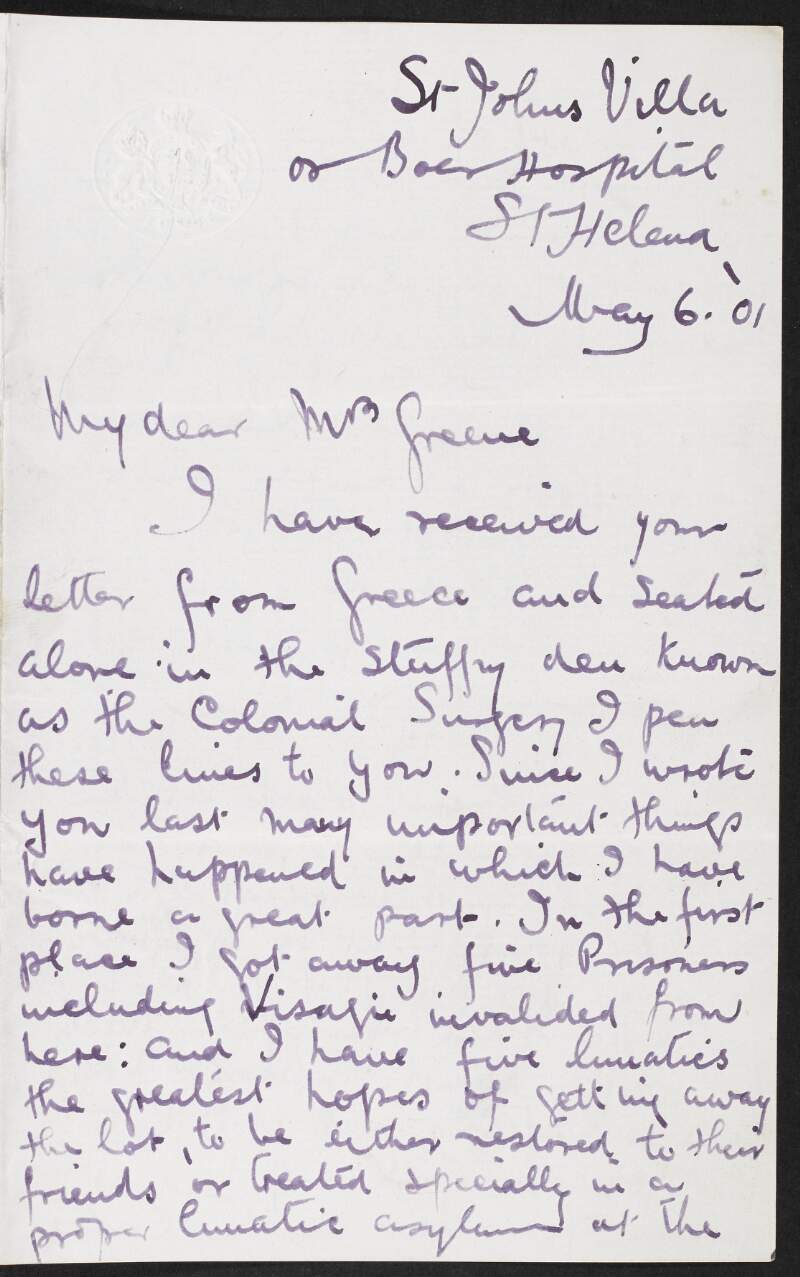 Letter from unidentified person to Alice Stopford Green detailing events in camp and thanking her for her kindness,