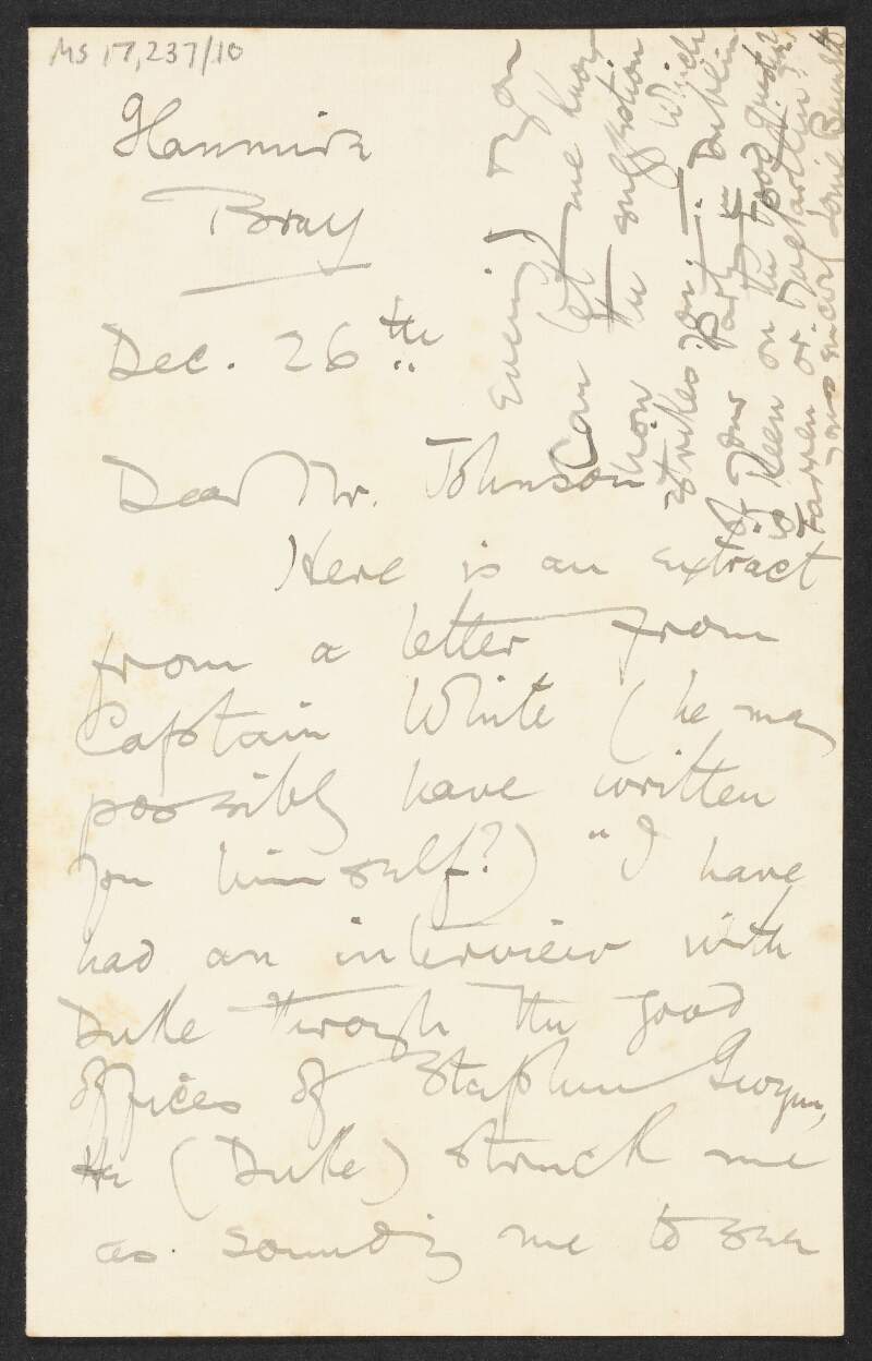 Letter from Louie Bennett to Thomas Johnson regarding a deputation involving "Captain White" in Ireland,