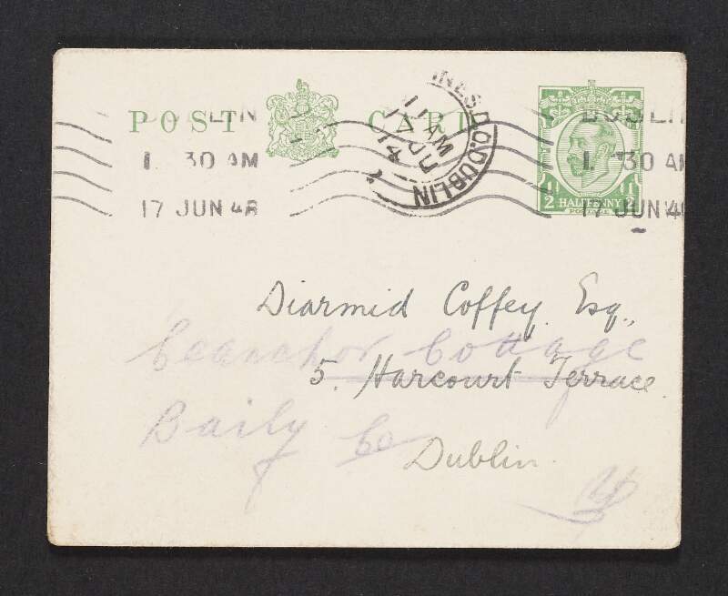 Postcard from J. H. Hutchinson, Dublin, to Diarmid Coffey asking him to attend a National Volunteers meeting,